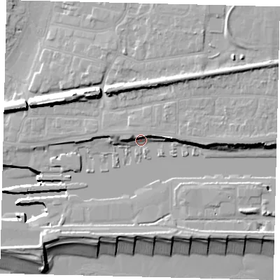 Shaded relief map of the ground around BN424AW, computed from Environment Agency LiDAR. The ground here sits at about 5 m above sea level and falls 17 m across the surrounding 800 m. Surface water reaching this point runs off ground lying to the east-north-east, 6.5 m higher.