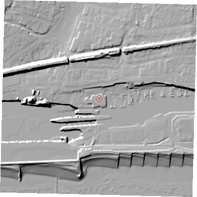 Shaded relief map of the ground around BN424BW, computed from Environment Agency LiDAR. The ground here sits at about 5 m above sea level and falls 16 m across the surrounding 800 m. Surface water reaching this point runs off ground lying to the north, 2.8 m higher.