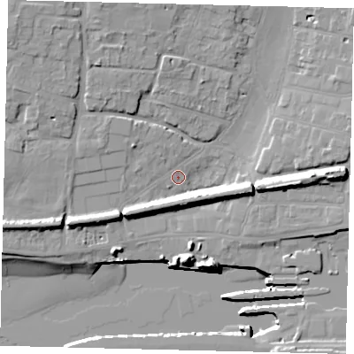 Shaded relief map of the ground around BN424DH, computed from Environment Agency LiDAR. The ground here sits at about 4 m above sea level and falls 16 m across the surrounding 800 m. Surface water reaching this point runs off ground lying to the east, 10.6 m higher.