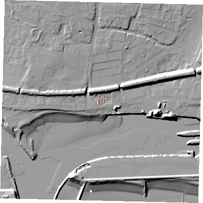 Shaded relief map of the ground around BN424DN, computed from Environment Agency LiDAR. The ground here sits at about 5 m above sea level and falls 14 m across the surrounding 800 m. Surface water reaching this point runs off ground lying to the north-north-east, 6.4 m higher.