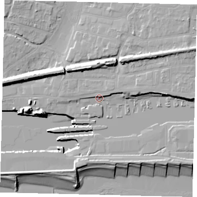 Shaded relief map of the ground around BN424DP, computed from Environment Agency LiDAR. The ground here sits at about 5 m above sea level and falls 16 m across the surrounding 800 m. Surface water reaching this point runs off ground lying to the east-north-east, 3.9 m higher.