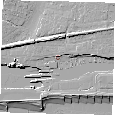 Shaded relief map of the ground around BN424EG, computed from Environment Agency LiDAR. The ground here sits at about 4 m above sea level and falls 17 m across the surrounding 800 m. Surface water reaching this point runs off ground lying to the east-north-east, 4.0 m higher.