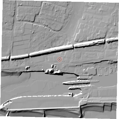 Shaded relief map of the ground around BN424EN, computed from Environment Agency LiDAR. The ground here sits at about 4 m above sea level and falls 15 m across the surrounding 800 m. Surface water reaching this point runs off ground lying to the east-north-east, 8.4 m higher.