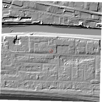 Shaded relief map of the ground around BN435BX, computed from Environment Agency LiDAR. The ground here sits at about 5 m above sea level and falls 13 m across the surrounding 800 m. Surface water reaching this point runs off ground lying to the west-south-west, 0.8 m higher.