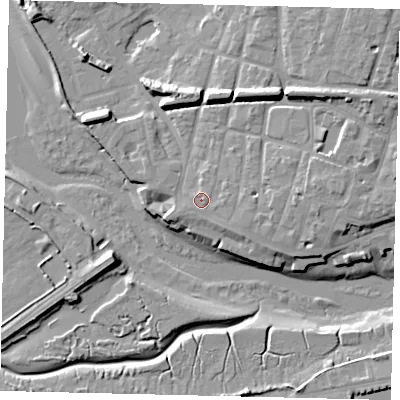 Shaded relief map of the ground around BN435DB, computed from Environment Agency LiDAR. The ground here sits at about 5 m above sea level and falls 12 m across the surrounding 800 m. Surface water reaching this point runs off ground lying to the east-south-east, 1.6 m higher.