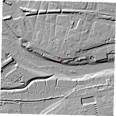 Shaded relief map of the ground around BN435DD, computed from Environment Agency LiDAR. The ground here sits at about 5 m above sea level and falls 12 m across the surrounding 800 m. Surface water reaching this point runs off ground lying to the north-north-east, 1.5 m higher.