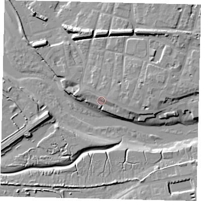 Shaded relief map of the ground around BN435DE, computed from Environment Agency LiDAR. The ground here sits at about 5 m above sea level and falls 12 m across the surrounding 800 m. Surface water reaching this point runs off ground lying to the east-south-east, 2.6 m higher.