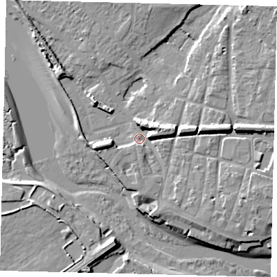 Shaded relief map of the ground around BN435DG, computed from Environment Agency LiDAR. The ground here sits at about 3 m above sea level and falls 12 m across the surrounding 800 m. Surface water reaching this point runs off ground lying to the north-east, 7.2 m higher.