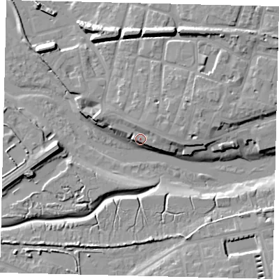 Shaded relief map of the ground around BN435DS, computed from Environment Agency LiDAR. The ground here sits at about 4 m above sea level and falls 12 m across the surrounding 800 m. Surface water reaching this point runs off ground lying to the north-east, 4.1 m higher.