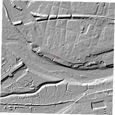 Shaded relief map of the ground around BN435DW, computed from Environment Agency LiDAR. The ground here sits at about 5 m above sea level and falls 12 m across the surrounding 800 m. Surface water reaching this point runs off ground lying to the east-north-east, 2.2 m higher.
