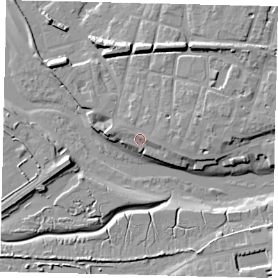 Shaded relief map of the ground around BN435DX, computed from Environment Agency LiDAR. The ground here sits at about 5 m above sea level and falls 12 m across the surrounding 800 m. Surface water reaching this point runs off ground lying to the east, 1.4 m higher.