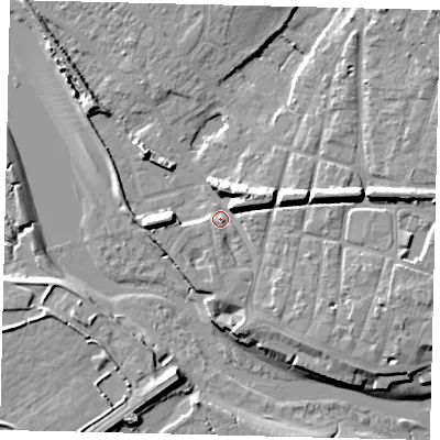 Shaded relief map of the ground around BN435ER, computed from Environment Agency LiDAR. The ground here sits at about 4 m above sea level and falls 12 m across the surrounding 800 m. Surface water reaching this point runs off ground lying to the east-north-east, 7.0 m higher.