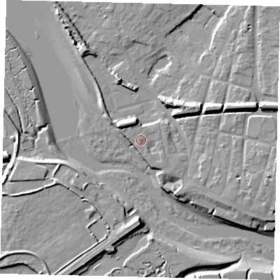 Shaded relief map of the ground around BN435EY, computed from Environment Agency LiDAR. The ground here sits at about 5 m above sea level and falls 12 m across the surrounding 800 m. Surface water reaching this point runs off ground lying to the north-north-west, 3.9 m higher.