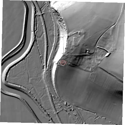 Shaded relief map of the ground around BN435FD, computed from Environment Agency LiDAR. The ground here sits at about 22 m above sea level and falls 59 m across the surrounding 800 m. Surface water reaching this point runs off ground lying to the north-east, 15.2 m higher.