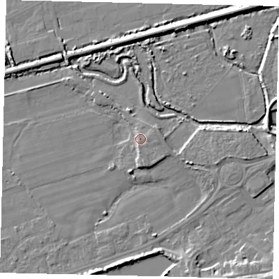 Shaded relief map of the ground around BN435FE, computed from Environment Agency LiDAR. The ground here sits at about 4 m above sea level and falls 7 m across the surrounding 800 m. Surface water reaching this point runs off ground lying to the south, 2.4 m higher.