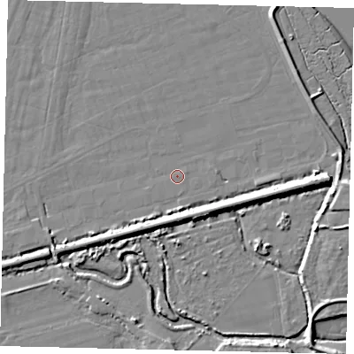 Shaded relief map of the ground around BN435FF, computed from Environment Agency LiDAR. The ground here sits at about 2 m above sea level and falls 8 m across the surrounding 800 m. Surface water reaching this point runs off ground lying to the east, 0.7 m higher.