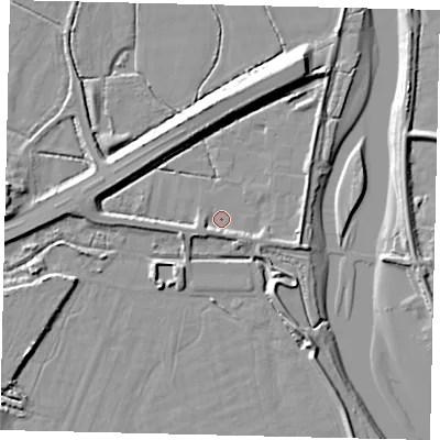 Shaded relief map of the ground around BN435FG, computed from Environment Agency LiDAR. The ground here sits at about 2 m above sea level and falls 9 m across the surrounding 800 m. Surface water reaching this point runs off ground lying to the east-south-east, 3.1 m higher.