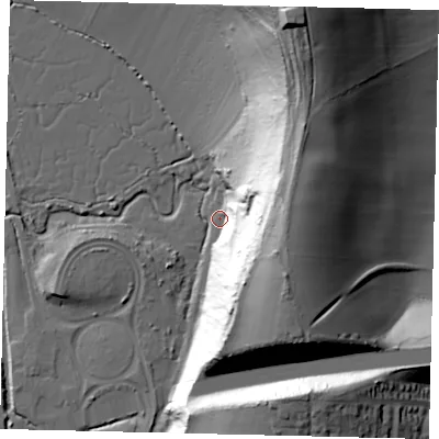 Shaded relief map of the ground around BN435FH, computed from Environment Agency LiDAR. The ground here sits at about 4 m above sea level and falls 69 m across the surrounding 800 m. Surface water reaching this point runs off ground lying to the south-east, 51.4 m higher.
