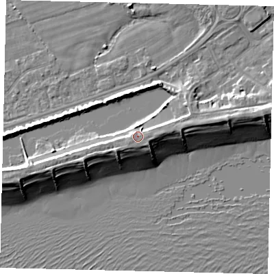 Shaded relief map of the ground around BN435FU, computed from Environment Agency LiDAR. The ground here sits at about 6 m above sea level and falls 10 m across the surrounding 800 m. Surface water reaching this point runs off ground lying to the east-south-east, 1.5 m higher.