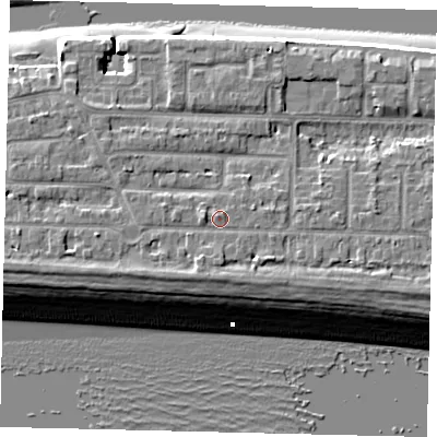 Shaded relief map of the ground around BN435HA, computed from Environment Agency LiDAR. The ground here sits at about 6 m above sea level and falls 10 m across the surrounding 800 m. Surface water reaching this point runs off ground lying to the south-south-west, 1.6 m higher.