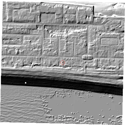 Shaded relief map of the ground around BN435HB, computed from Environment Agency LiDAR. The ground here sits at about 6 m above sea level and falls 10 m across the surrounding 800 m. Surface water reaching this point runs off ground lying to the south-west, 1.6 m higher.