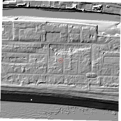 Shaded relief map of the ground around BN435HD, computed from Environment Agency LiDAR. The ground here sits at about 5 m above sea level and falls 13 m across the surrounding 800 m. Surface water reaching this point runs off ground lying to the south, 1.8 m higher.