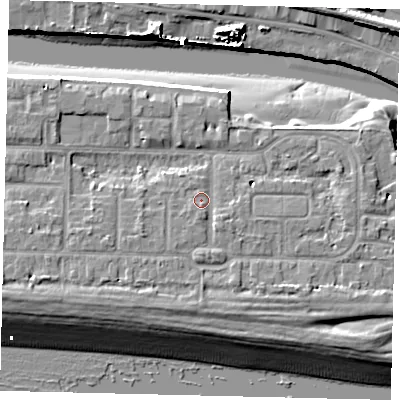 Shaded relief map of the ground around BN435HF, computed from Environment Agency LiDAR. The ground here sits at about 5 m above sea level and falls 13 m across the surrounding 800 m. Surface water reaching this point runs off ground lying to the south-south-west, 2.2 m higher.