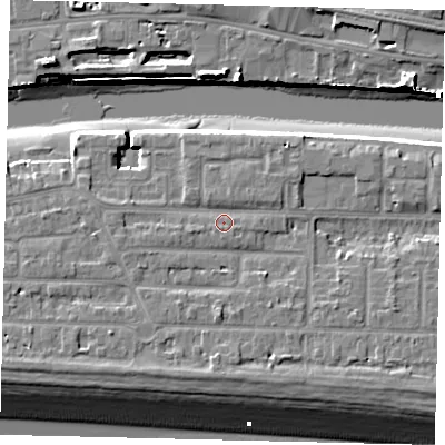 Shaded relief map of the ground around BN435HG, computed from Environment Agency LiDAR. The ground here sits at about 5 m above sea level and falls 12 m across the surrounding 800 m. Surface water reaching this point runs off ground lying to the north-east, 1.2 m higher.