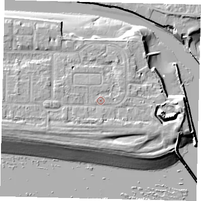 Shaded relief map of the ground around BN435HL, computed from Environment Agency LiDAR. The ground here sits at about 6 m above sea level and falls 13 m across the surrounding 800 m. Surface water reaching this point runs off ground lying to the south-east, 1.8 m higher.