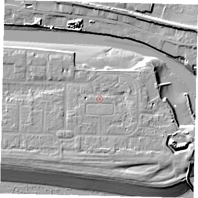 Shaded relief map of the ground around BN435HN, computed from Environment Agency LiDAR. The ground here sits at about 5 m above sea level and falls 13 m across the surrounding 800 m. Surface water reaching this point runs off ground lying to the south-east, 2.4 m higher.
