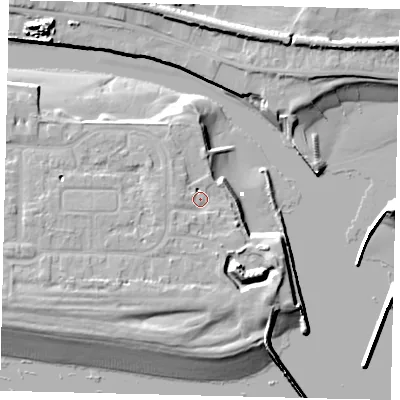 Shaded relief map of the ground around BN435HP, computed from Environment Agency LiDAR. The ground here sits at about 5 m above sea level and falls 13 m across the surrounding 800 m. Surface water reaching this point runs off ground lying to the south-west, 3.3 m higher.