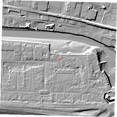 Shaded relief map of the ground around BN435HZ, computed from Environment Agency LiDAR. The ground here sits at about 5 m above sea level and falls 13 m across the surrounding 800 m. Surface water reaching this point runs off ground lying to the south-east, 2.9 m higher.
