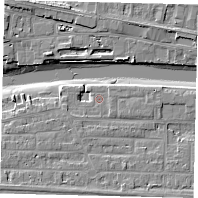 Shaded relief map of the ground around BN435JN, computed from Environment Agency LiDAR. The ground here sits at about 4 m above sea level and falls 12 m across the surrounding 800 m. Surface water reaching this point runs off ground lying to the south-south-west, 1.7 m higher.