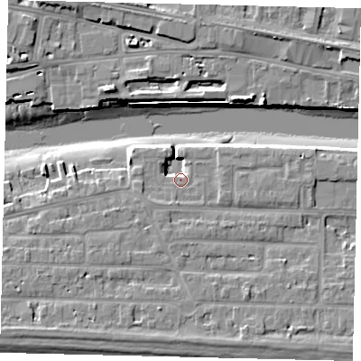 Shaded relief map of the ground around BN435JP, computed from Environment Agency LiDAR. The ground here sits at about 4 m above sea level and falls 12 m across the surrounding 800 m. Surface water reaching this point runs off ground lying to the south-south-west, 1.7 m higher.