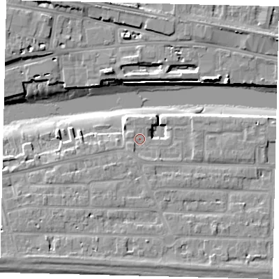 Shaded relief map of the ground around BN435JQ, computed from Environment Agency LiDAR. The ground here sits at about 4 m above sea level and falls 12 m across the surrounding 800 m. Surface water reaching this point runs off ground lying to the south, 1.3 m higher.