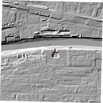Shaded relief map of the ground around BN435JR, computed from Environment Agency LiDAR. The ground here sits at about 4 m above sea level and falls 12 m across the surrounding 800 m. Surface water reaching this point runs off ground lying to the east-north-east, 4.1 m higher.