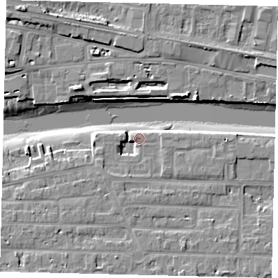 Shaded relief map of the ground around BN435JS, computed from Environment Agency LiDAR. The ground here sits at about 4 m above sea level and falls 12 m across the surrounding 800 m. Surface water reaching this point runs off ground lying to the south-south-west, 5.4 m higher.