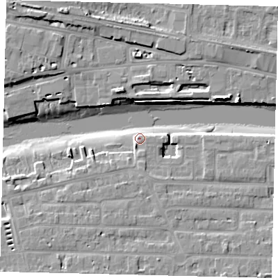 Shaded relief map of the ground around BN435JX, computed from Environment Agency LiDAR. The ground here sits at about 4 m above sea level and falls 12 m across the surrounding 800 m. Surface water reaching this point runs off ground lying to the south-south-east, 4.6 m higher.