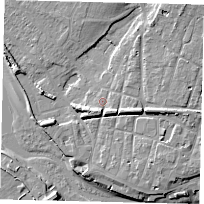 Shaded relief map of the ground around BN435LA, computed from Environment Agency LiDAR. The ground here sits at about 5 m above sea level and falls 12 m across the surrounding 800 m. Surface water reaching this point runs off ground lying to the south-south-west, 5.4 m higher.