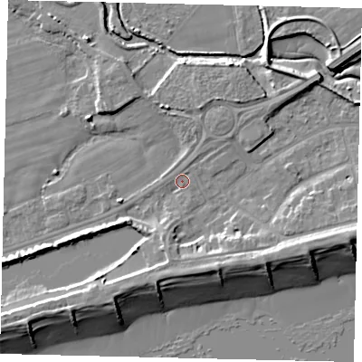 Shaded relief map of the ground around BN435LD, computed from Environment Agency LiDAR. The ground here sits at about 2 m above sea level and falls 10 m across the surrounding 800 m. Surface water reaching this point runs off ground lying to the south, 5.0 m higher.