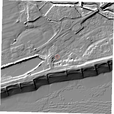 Shaded relief map of the ground around BN435LE, computed from Environment Agency LiDAR. The ground here sits at about 3 m above sea level and falls 10 m across the surrounding 800 m. Surface water reaching this point runs off ground lying to the south, 4.8 m higher.