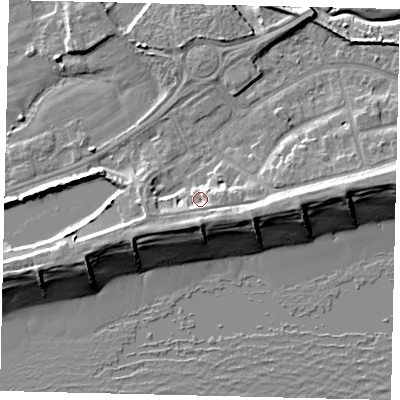 Shaded relief map of the ground around BN435LF, computed from Environment Agency LiDAR. The ground here sits at about 4 m above sea level and falls 10 m across the surrounding 800 m. Surface water reaching this point runs off ground lying to the south, 1.9 m higher.