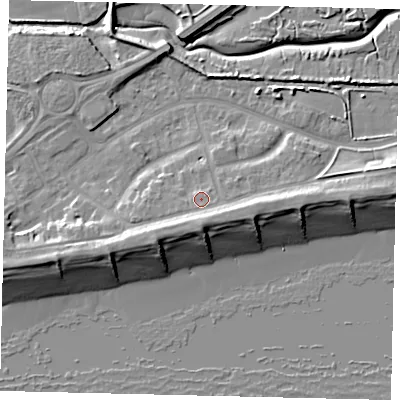 Shaded relief map of the ground around BN435LG, computed from Environment Agency LiDAR. The ground here sits at about 5 m above sea level and falls 10 m across the surrounding 800 m. Surface water reaching this point runs off ground lying to the south-south-east, 2.6 m higher.