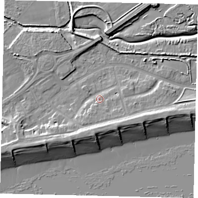 Shaded relief map of the ground around BN435LH, computed from Environment Agency LiDAR. The ground here sits at about 3 m above sea level and falls 10 m across the surrounding 800 m. Surface water reaching this point runs off ground lying to the south-east, 2.8 m higher.