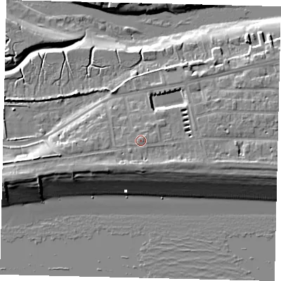 Shaded relief map of the ground around BN435LJ, computed from Environment Agency LiDAR. The ground here sits at about 6 m above sea level and falls 10 m across the surrounding 800 m. Surface water reaching this point runs off ground lying to the south, 1.5 m higher.