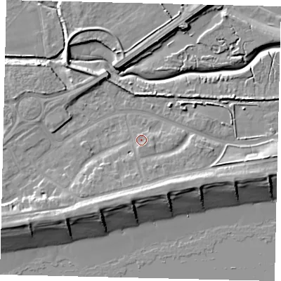 Shaded relief map of the ground around BN435LL, computed from Environment Agency LiDAR. The ground here sits at about 3 m above sea level and falls 10 m across the surrounding 800 m. Surface water reaching this point runs off ground lying to the south, 1.4 m higher.