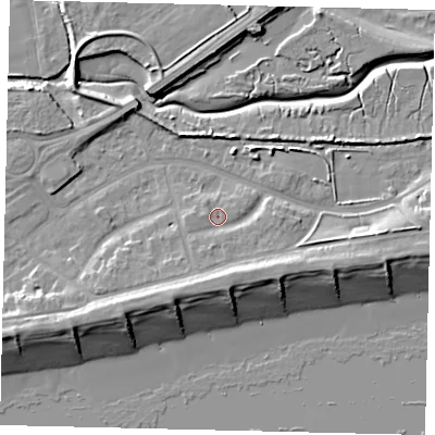 Shaded relief map of the ground around BN435LN, computed from Environment Agency LiDAR. The ground here sits at about 3 m above sea level and falls 10 m across the surrounding 800 m. Surface water reaching this point runs off ground lying to the south, 4.0 m higher.