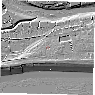 Shaded relief map of the ground around BN435LP, computed from Environment Agency LiDAR. The ground here sits at about 5 m above sea level and falls 11 m across the surrounding 800 m. Surface water reaching this point runs off ground lying to the south-south-east, 2.1 m higher.