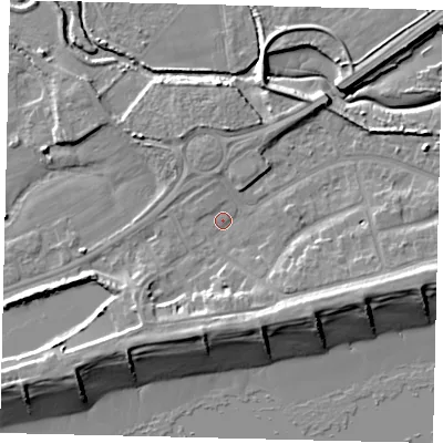 Shaded relief map of the ground around BN435LQ, computed from Environment Agency LiDAR. The ground here sits at about 2 m above sea level and falls 10 m across the surrounding 800 m. Surface water reaching this point runs off ground lying to the south, 5.4 m higher.