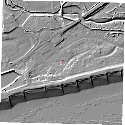 Shaded relief map of the ground around BN435LR, computed from Environment Agency LiDAR. The ground here sits at about 3 m above sea level and falls 10 m across the surrounding 800 m. Surface water reaching this point runs off ground lying to the south-west, 5.2 m higher.